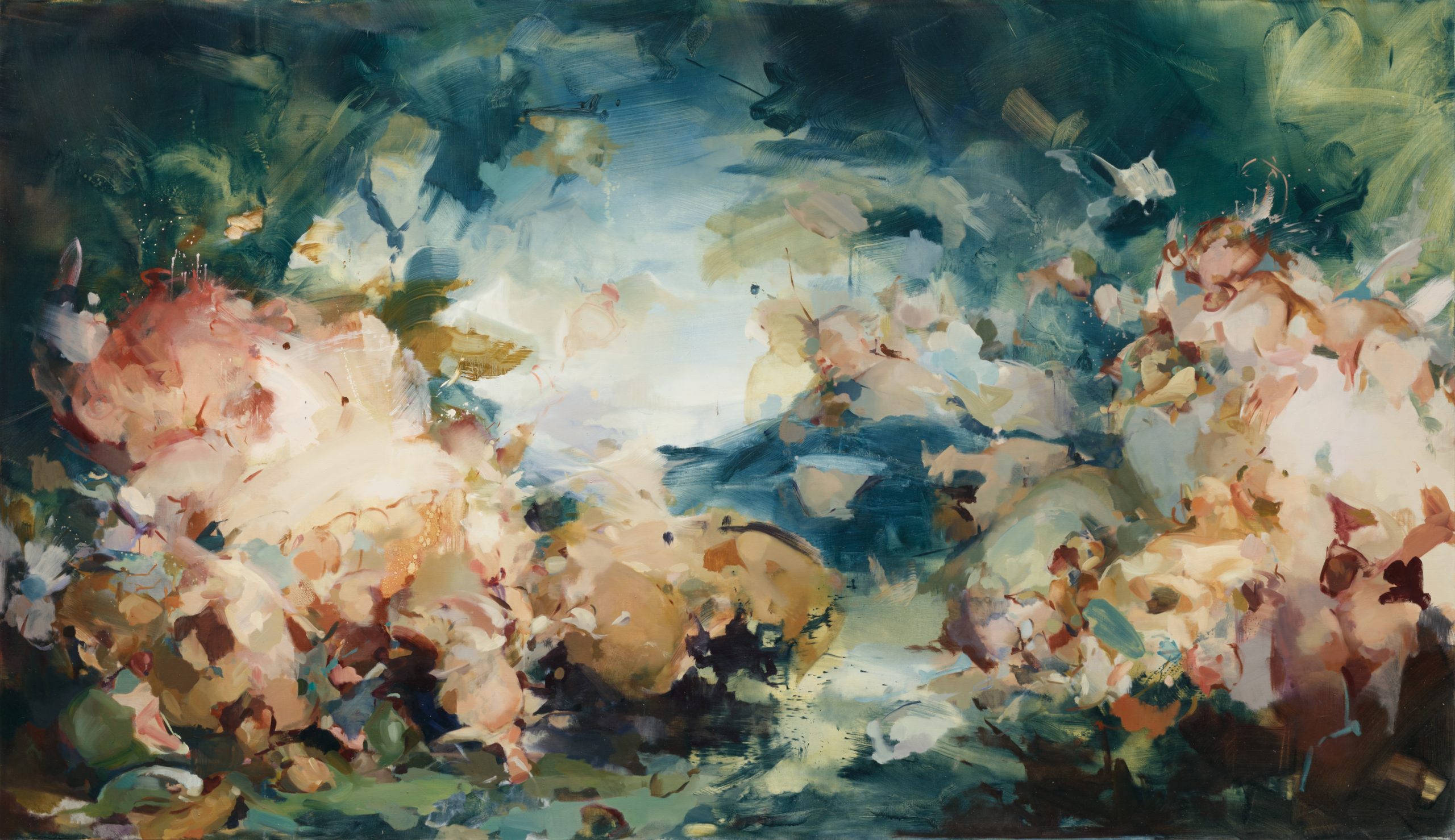 an abstract painting with green, yellow, brown, and pink hues on the canvas