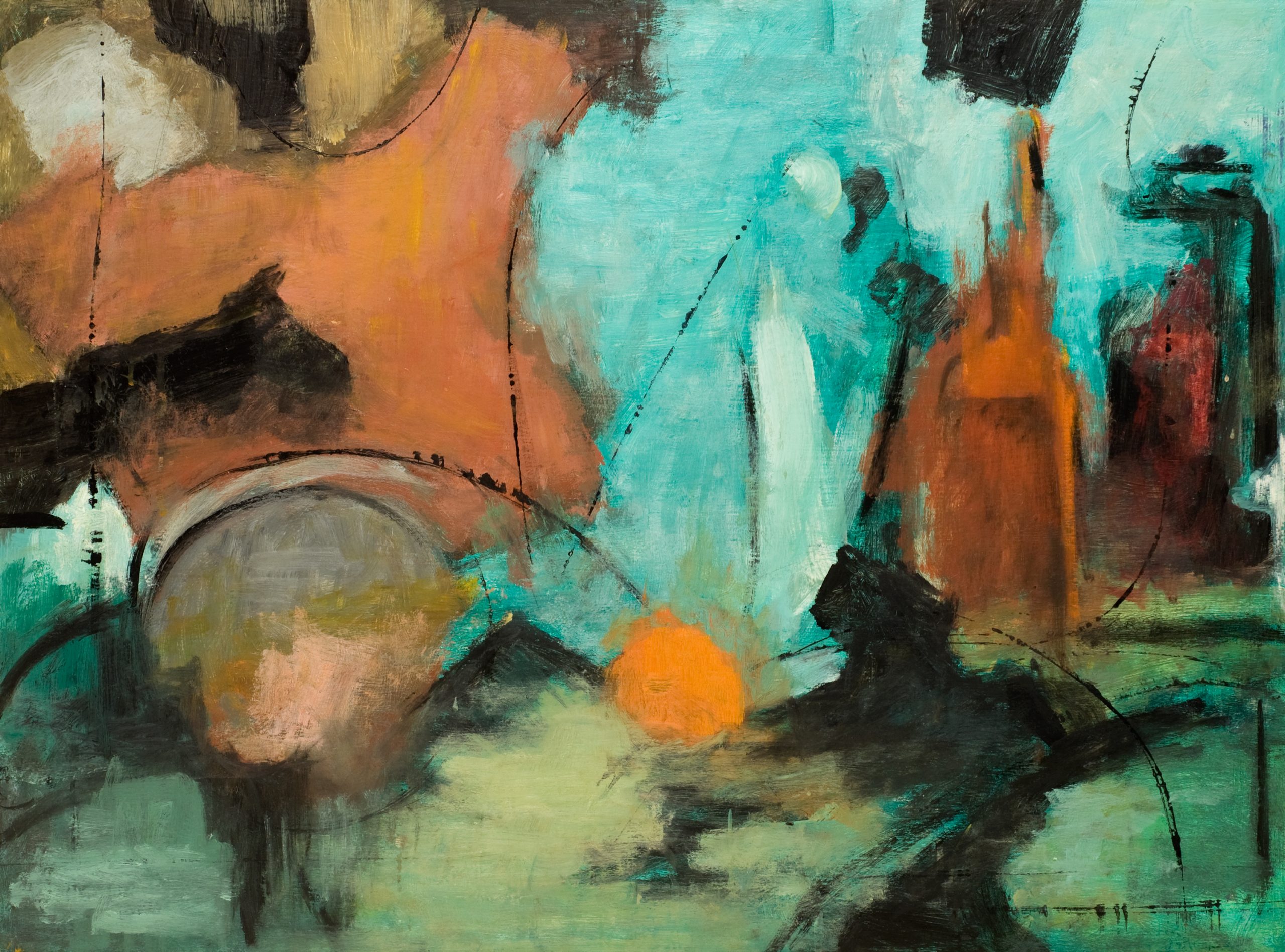 an abstract painting featuring hues of blue, brown, and orange