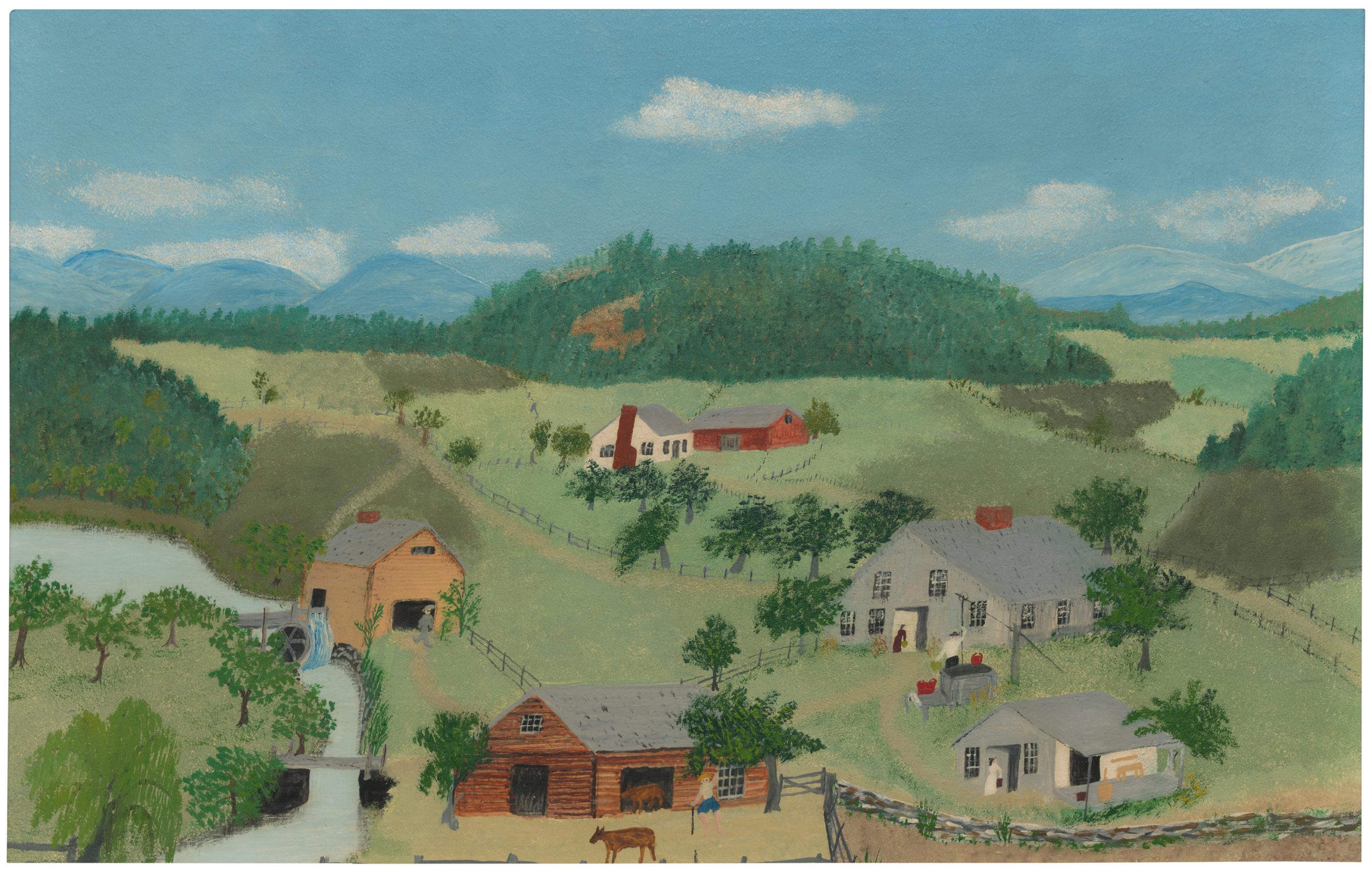 a painting of a rural living community. The sky is blue, the grass is painted green and the six houses are painted in various colors of brown, beige, yellow and grey.