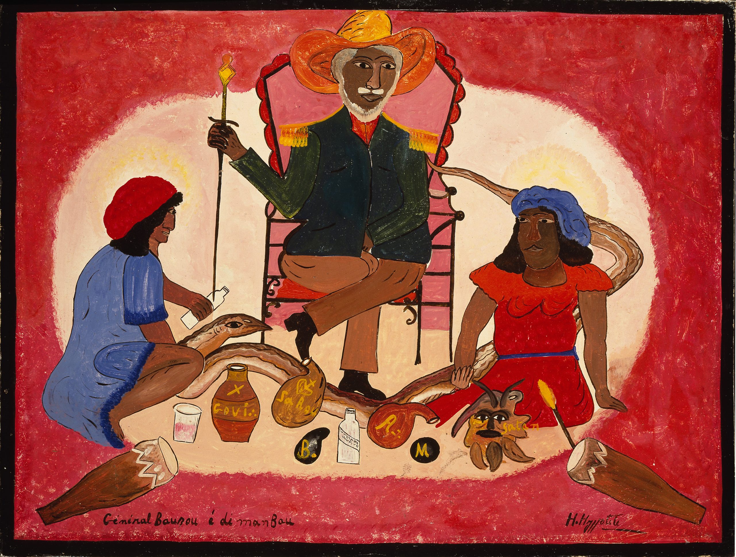 a red and beige figurative painting featuring an older black man sitting in a chair in between two black women who are sitting on the ground. The woman on the left is wearing a blue dress, the woman on the right is wearing a red dress. There are drinking objects on the ground.