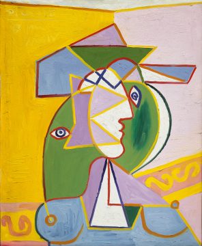 a cubist painting of a woman wearing a hat, featuring hues of yellow, blue, purple, green, and red