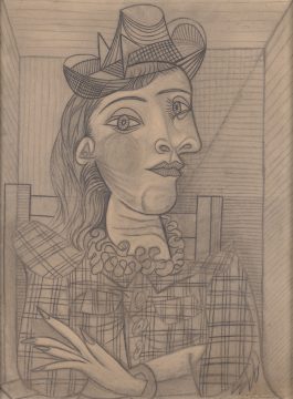 a cubist drawing of a woman named Dora Maar. She is wearing a hat and a plaid jacket with ruffles coming out of her neck.