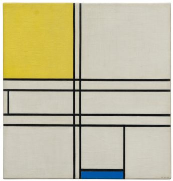 a painting featuring a yellow box, blue box and black lines parallel running across the canvas