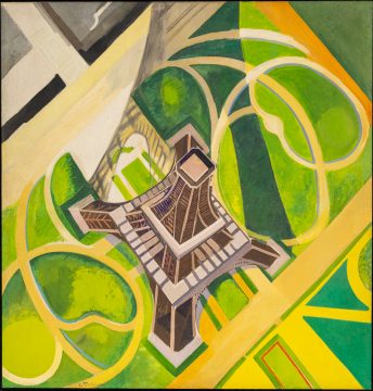 a painting featuring the famous Eiffel tower in paris, france, but from a bird's eye point of view. The ground beneath the tower is light green, dark green and yellow.