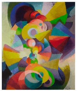 an abstract painting filled with colorful spirals and cone shaped figures in red, purple, yellow, blue, green