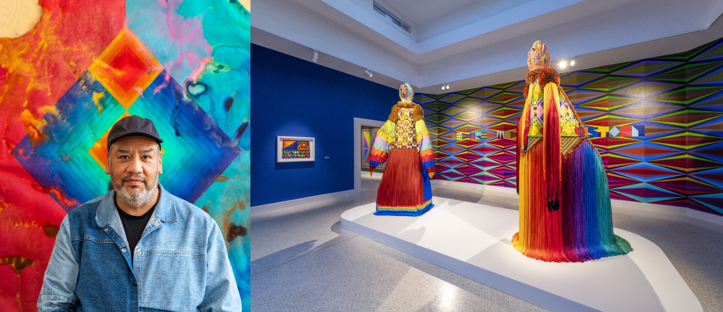 A composite image of a portrait of Jeffrey Gibson in front of a colorful geometric background, Photo: Brian Barlow, and his Venice biennale installation two colorful sculptures, Photo: Timothy Schenck;