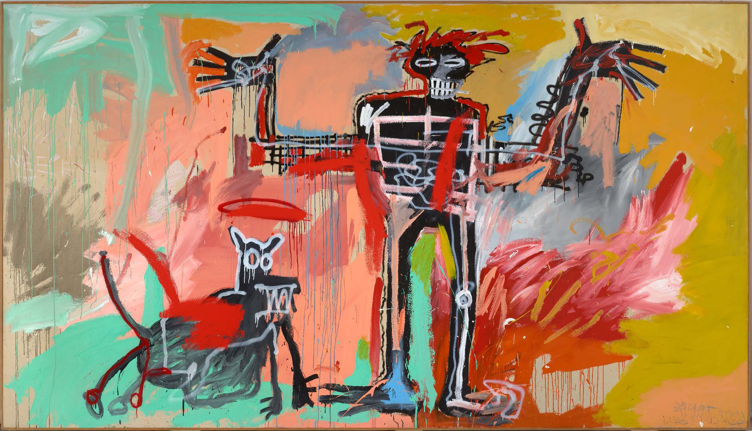 A painting by Jean-Michel Basquiat, featuring a large skeletal figure and a smaller dog-like creature against a vibrant, abstract background with bold strokes of red, teal, and white.