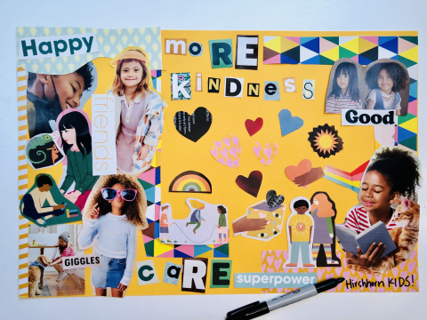 children's art collage featuring images of kids, construction paper hearts, and cut out letters