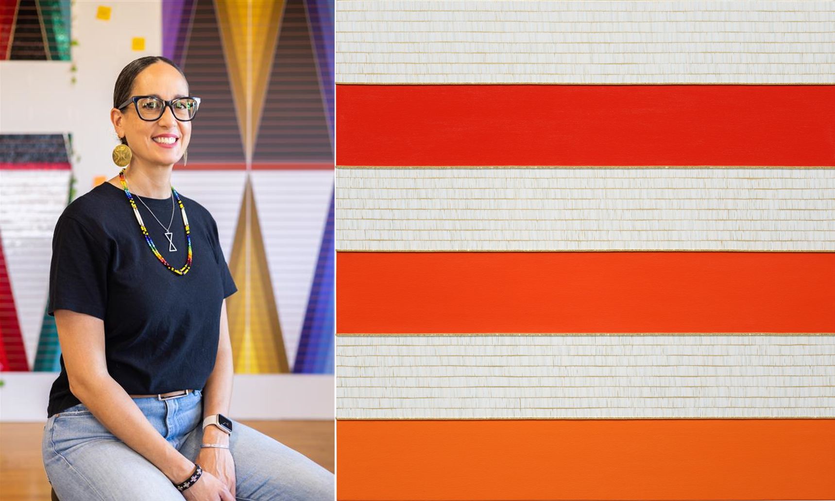 a composite image of a Native American woman on the left and her white, orange, and red abstract artwork on the right