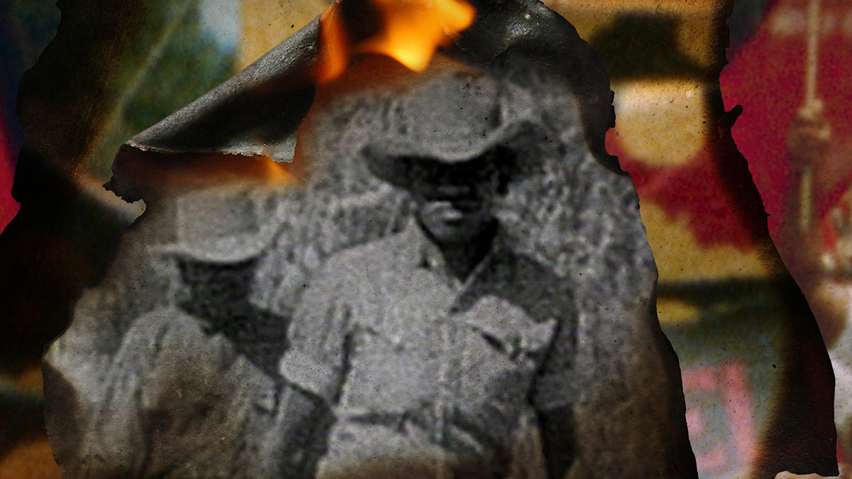 A collage of a black and white photo of a man wearing a large hat, and a second man behind him in a similar hat. There is a border around the image of the two men with a flame visible at the top.